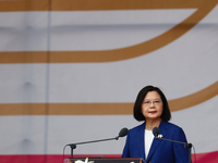 Taiwanese President Tsai Ing-wen delivers a speech during the National Day Celebration, following Chinese President Xi Jinpings vow to unify...