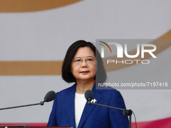 Taiwanese President Tsai Ing-wen delivers a speech during the National Day Celebration, following Chinese President Xi Jinpings vow to unify...