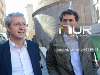 Benedetto Della Vedova (L), Riccardo Magi (R) during the News Collect signatures from the More Europe party for the legalization of cannabis...