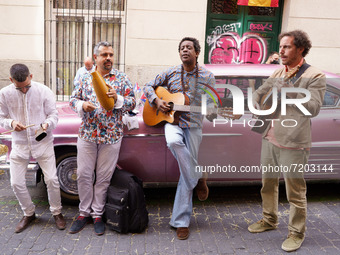 Cuban musicians during the presentation of Little Cuba in Madrid, a recreation of the street of Cuba, within the Hispanidad 2021 Festival in...