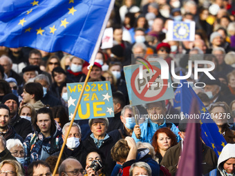 Thousands attend 'We're staying in EU' demonstration at the Main Square in Krakow, Poland on October 10, 2021. The pro-EU demonstrations wer...