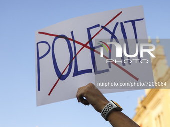 Anti Polexit banner is seen during 'We're staying in EU' demonstration at the Main Square in Krakow, Poland on October 10, 2021. The pro-EU...