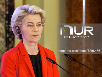 President of the European Commission Ursula von der Leyen has a speech after the Summit session in Kyiv, Ukraine, October 12, 2021.The 23rd...