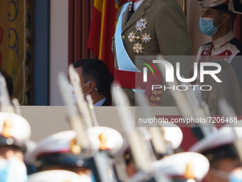 King Felipe VI during the solemn act of homage to the national flag and military parade on Hispanidad Day, on 12 October, 2021 in Madrid, Sp...