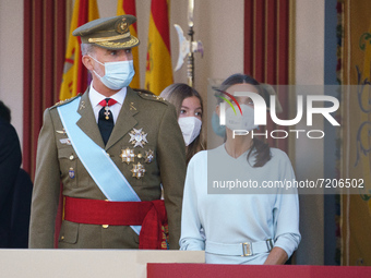 King Felipe VI,  and Queen Letizia, during the solemn act of homage to the national flag and military parade on Hispanidad Day, on 12 Octobe...