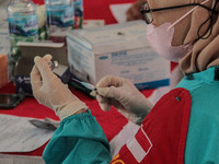 A health worker prepares a dose of the Sinovac Covid-19 vaccine on October 13, 2021 in Bandung, West Java, Indonesia. Minister of Health of...