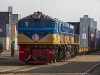 A cargo train prepares to depart towards Chottogram ICD from Kamlapur Inland Container Depot (ICD) in containers in Dhaka, Bangladesh on Oct...