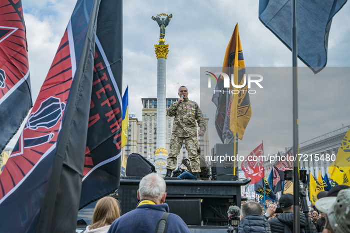 Army protester gives a speech in Maidan Square during the celebrations of the Day of Defenders and Defendresses of Ukraine. (Photo by Celest...