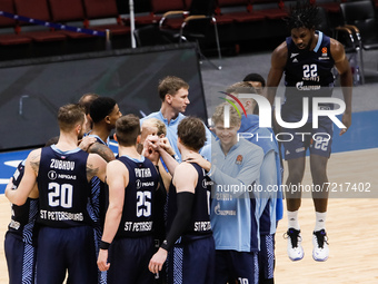 Zenit players celebrate victory during the EuroLeague Basketball match between Zenit St. Petersburg and FC Bayern Munich on October 14, 2021...