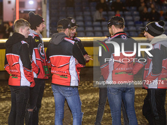 
Belle Vue BikeRight Aces have an on track meeting after their track walk during the SGB Premiership Grand Final 2nd leg between Peterboroug...
