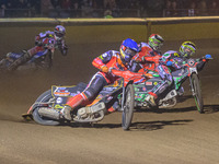 
Jordan Palin  (Blue) leads Charles Wright  (Yellow) and Chris Harris  (Red) during the SGB Premiership Grand Final 2nd leg between Peterbor...