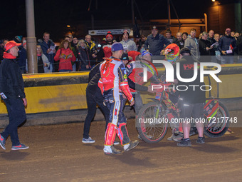 
Peterborough Crendon Panthers  riders congratulate Michael Palm Toft  during the SGB Premiership Grand Final 2nd leg between Peterborough a...