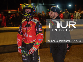 
Scott Nicholls  (left) with Hans Andersen during the SGB Premiership Grand Final 2nd leg between Peterborough and Belle Vue Aces at East of...