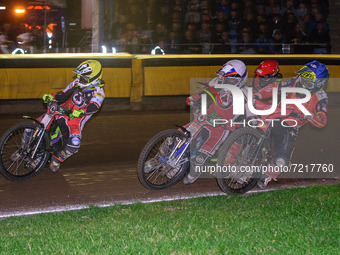 
Tom Brennan   (Yellow) and Steve Worrall   (White) lead Scott Nicholls  (Blue) and Craig Cook (Red) during the SGB Premiership Grand Final...