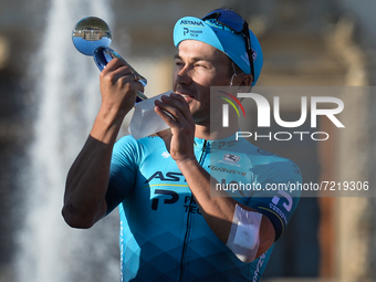 Alexey Lutsenko of Kazakhstan and Astana Team with the race trophy after he wins the Serenissima Gravel, the 132.1km bicycle pro gravel race...