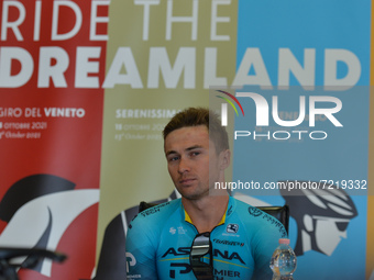 Alexey Lutsenko of Kazakhstan and Astana Team seen at the post-race press conference after he wins the Serenissima Gravel, the 132.1km bicyc...