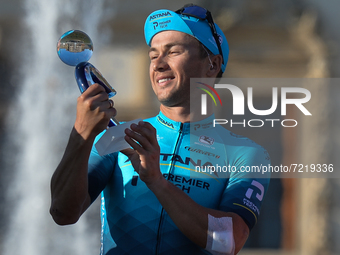 Alexey Lutsenko of Kazakhstan and Astana Team with the race trophy after he wins the Serenissima Gravel, the 132.1km bicycle pro gravel race...