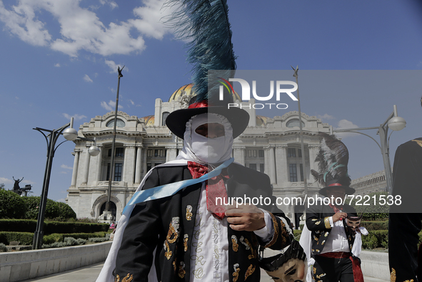 Danzante from Tlaxcala and Puebla, prior to the Dance of the Huehues in the esplanade of the Palace of Fine Arts in Mexico City, on the occa...