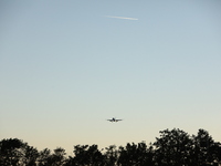 A plane flyes above the trees during the evening hours in Stuttgart, Germany on October 9, 2021 (