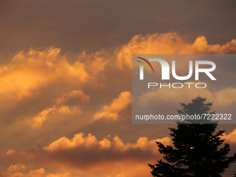 Sunset clouds are seen in Stuttgart, Germany on October 9, 2021 (