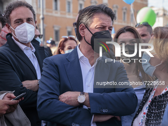 Giuseppe Conte during the demonstration against fascism in Rome, Italy, on 16th October 2021. After the Forza Nuova attack against the CGIL...