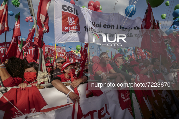 100 thousand people gathered in San Giovanni Square for no more fascism in Rome, Italy, on 16th October 2021. After the Forza Nuova attack a...