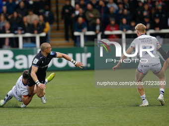 Mike Brown of Newcastle Falcons offloads to Mateo Carreras of Newcastle Falcons during the Gallagher Premiership match between Newcastle Fal...