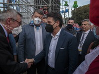 Maurizio Landini and Giuseppe Conte in San Giovanni Square for no more fascism in Rome, Italy, on 16th October 2021. After the Forza Nuova a...