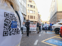 the detail of the qrcode of the telegram group #venetonogreenpass.
No Vax and No Green Pass protesters protested in Padua, Italy, on October...