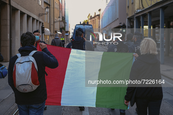 demonstrators marching with the Italian flag.
No Vax and No Green Pass protesters protested in Padua, Italy, on October 16, 2021 amid the co...