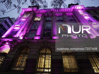 Building lit in pink on the occasion of breast cancer awareness month in São Paulo on October 16, 2021. (
