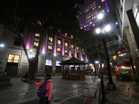Building lit in pink on the occasion of breast cancer awareness month in São Paulo on October 16, 2021. (