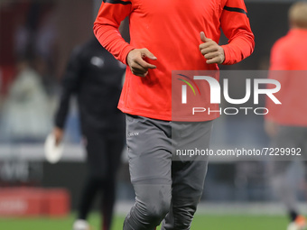 Zlatan Ibrahimovic of AC Milan warms up during the Serie A 2021/22 football match between AC Milan and Hellas Verona FC at Giuseppe Meazza S...