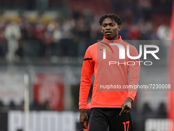 Rafael Leao of AC Milan warms up during the Serie A 2021/22 football match between AC Milan and Hellas Verona FC at Giuseppe Meazza Stadium,...