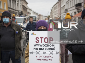 Stop Illegal Pushbacks seen during solidarity demonstration with refugees on the Polish Belarusian border in Warsaw on 17 October, 2021. (