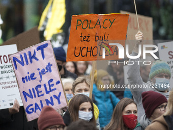 Poles were also refugees banner seen during solidarity demonstration with refugees on the Polish Belarusian border in Warsaw on 17 October,...