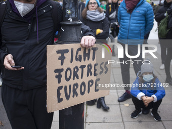Fight fortress europe banner seen during solidarity demonstration with refugees on the Polish Belarusian border in Warsaw on 17 October, 202...