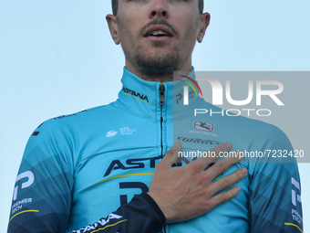 Samuele Battistella of Italy and Astana - Premier Tech team seen during the Award Ceremony after winning the 2021 edition of the Veneto Clas...