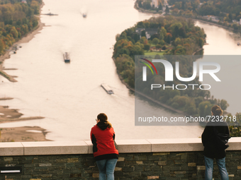 people are seen from the top of the view of rhine river in Autumn color in Koenigswinter, Germany on Oct 17, 2021 (