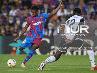 Ansu Fati of Barcelona shooting to goal during the La Liga Santander match between FC Barcelona and Valencia CF at Camp Nou on October 17, 2...