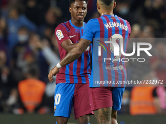 Ansu Fati of Barcelona celebrates after scoring his sides first goal during the La Liga Santander match between FC Barcelona and Valencia CF...