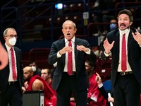 Ettore Messina,  head coach AX Armani Exchange Olimpia Milano and his assistants  during the Italian Basketball A Serie  Championship A|X Ar...
