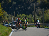 The breakaway of seven riders in action at the wall of Ca 'del Poggio, a cycling climb located in the municipality of San Pietro di Feletto,...