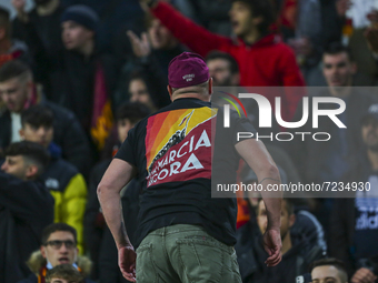 A fan of AS Roma during the match between Juventus FC and AS Roma on October 17, 2021 at Allianz Stadium in Turin, Italy. Juventus won 1-0 o...