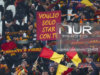 Fans of AS Roma during the match between Juventus FC and AS Roma on October 17, 2021 at Allianz Stadium in Turin, Italy. Juventus won 1-0 ov...