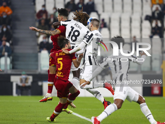 Moise Kean of Juventus FC scores the goal of the victory during the match between Juventus FC and AS Roma on October 17, 2021 at Allianz Sta...