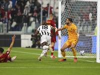 Moise Kean of Juventus FC celebrates after scoring the goal of the victory during the match between Juventus FC and AS Roma on October 17, 2...