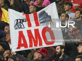 A fan of AS Roma during the match between Juventus FC and AS Roma on October 17, 2021 at Allianz Stadium in Turin, Italy. Juventus won 1-0 o...