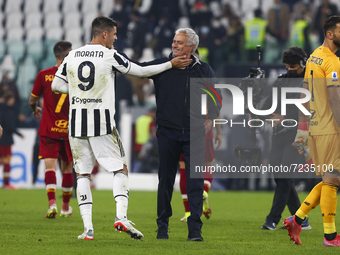 Alvaro Morata of Juventus FC and Jose’ Mourinho, head coach of AS Roma, after the match between Juventus FC and AS Roma on October 17, 2021...
