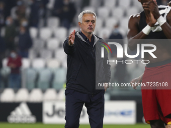 Jose’ Mourinho, head coach of AS Roma, after the match between Juventus FC and AS Roma on October 17, 2021 at Allianz Stadium in Turin, Ital...